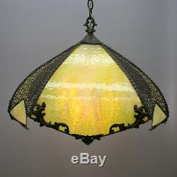 Vintage Square Stained Green/Yellow Glass Slag Hanging Lamp Ceiling Light Shade