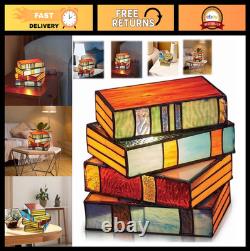 Vintage Stacked Books Stained Glass Desk Lamp Small Reading Light Decor Nightl