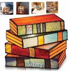Vintage Stacked Books Stained Glass Desk Lamp Small Reading Light Decor Nightl