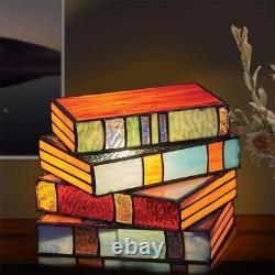 Vintage Stacked Books Stained Glass Desk Lamp Small Reading Light Decor Nightl