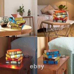 Vintage Stacked Books Stained Glass Desk Lamp Small Reading Light Decor Nightl