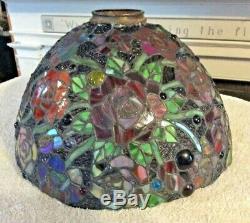 Vintage Stained Glass 13 Shade Jewels Roses Tiffany Style Pendant Fixture Lamp