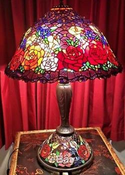 Vintage Stained Glass Cabbage Rose Table Lamp
