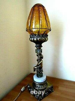 Vintage Stained Glass Cherub Lamp Marble Crystal Crackled Bubble Glass Parlor