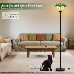 Vintage Stained Glass Floor Lamp, Tree Leaf Pattern, Torchiere Design, Foot Swit
