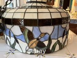 Vintage Stained Glass Hanging Light Lamp 19 Inch Dia. Mallard Duck Handcrafted