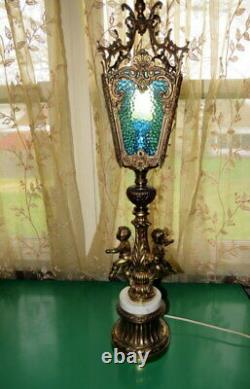 Vintage Stained Glass Marble Hollywood Regency Double Cherub Lamp Large