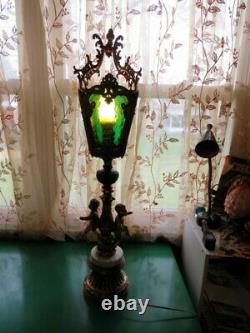 Vintage Stained Glass Marble Hollywood Regency Double Cherub Lamp Large