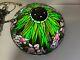 Vintage Stained Glass Shade Hanging Lamp, Green Leaf & Flowers, 16 1/2 Widest