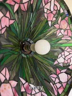 Vintage Stained Glass Shade Hanging Lamp, Green Leaf & Flowers, 16 1/2 Widest