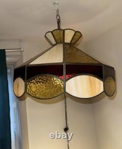 Vintage Stained Glass Swag Pendant Lamp Amber Cream Red 19in Hanging Light