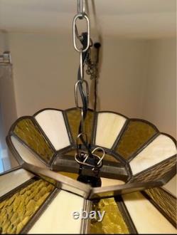 Vintage Stained Glass Swag Pendant Lamp Amber Cream Red 19in Hanging Light