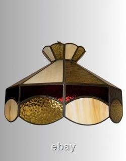 Vintage Stained Glass Swag Pendant Lamp Amber Cream Red 19in Hanging Light