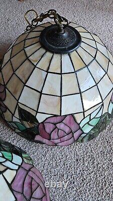 Vintage Stained Glass Tiffany Style Hanging Swag Lamp MCM Floral Pink Rare