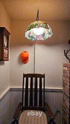 Vintage Stained Glass Tiffany Style Hanging Swag Lamp MCM Floral Pink Rare
