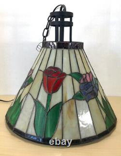 Vintage Stained Glass Wrought Iron Hanging Chandelier Swag Lamp Applebee's Tulip