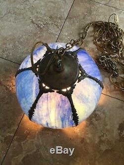 Vintage Stained Slag Glass Swirl Hanging Lamp Blue Shade Complete Original