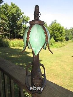 Vintage Stretching Cat Lamp Bronze Tone Slag Glass Shade Glowing Eyes Heavy