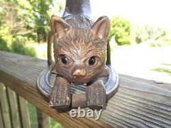 Vintage Stretching Cat Lamp Bronze Tone Slag Glass Shade Glowing Eyes Heavy