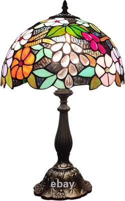 Vintage Tiffany Grapes Flowers Stained Glass Table Lamp 3-LED Reading Light