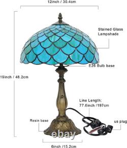 Vintage Tiffany Sea Blue Stained Glass Table Lamp Bronze Resin Base 12x19