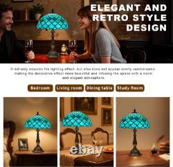 Vintage Tiffany Sea Blue Stained Glass Table Lamp Bronze Resin Base 12x19