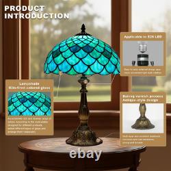 Vintage Tiffany Sea Blue Stained Glass Table Lamp Bronze Resin Base 12x19
