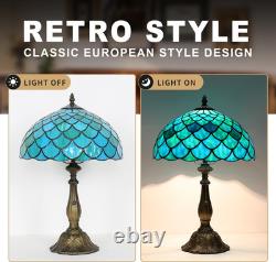 Vintage Tiffany Sea Blue Stained Glass Table Lamp Bronze Resin Base 12x19
