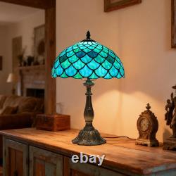Vintage Tiffany Sea Blue Stained Glass Table Lamp Bronze Resin Base 12x19