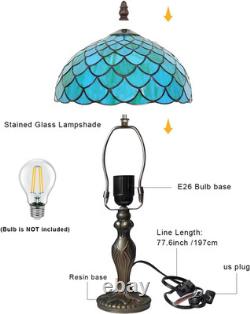 Vintage Tiffany Sea Blue Stained Glass Table Lamp Bronze Resin Base 12x19