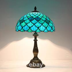 Vintage Tiffany Sea Blue Stained Glass Table Lamp Bronze Resin Base 12x19