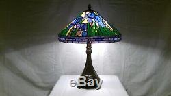 Vintage Tiffany-Style 16D Iris Stained Glass Shade on Detailed Metal Base Lamp