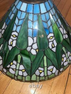 Vintage Tiffany Style 20 W Leaded Stained Glass Large Lamp /Shade Green & Blue