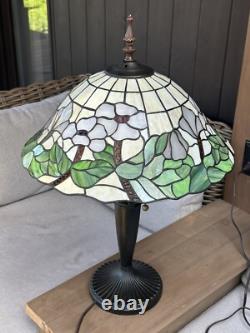 Vintage Tiffany Style 27 White Orchid Flowers Stained Glass Lamp Dual Bulb