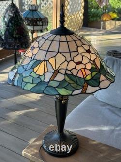 Vintage Tiffany Style 27 White Orchid Flowers Stained Glass Lamp Dual Bulb