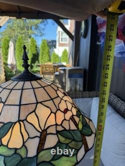 Vintage Tiffany Style 27 White Orchid Flowers Stained Glass Lamp Dual Bulb