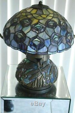 Vintage Tiffany Style Art Stained Glass Lamp Dragonfly Base/