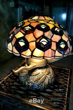 Vintage Tiffany Style Art Stained Glass Lamp Dragonfly Base/