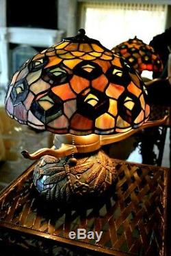 Vintage Tiffany Style Art Stained Glass Lamp Dragonfly Base/