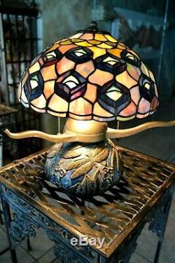 Vintage Tiffany Style Art Stained Glass Lamp Dragonfly Base/