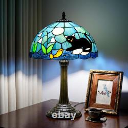Vintage Tiffany Style Black Cat Blue Stained Glass Table Lamp Desk Decor Light