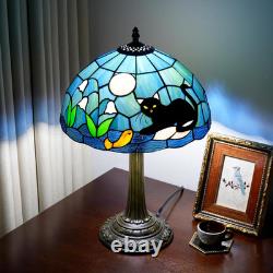 Vintage Tiffany Style Black Cat Blue Stained Glass Table Lamp Desk Decor Light
