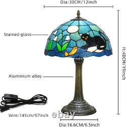 Vintage Tiffany Style Black Cat Blue Stained Glass Table Lamp Desk Decor Light