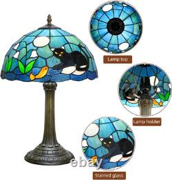 Vintage Tiffany Style Black Cat Blue Stained Glass Table Lamp Desk Decor Light