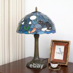 Vintage Tiffany Style Black Cat Blue Stained Glass Table Lamp Desk Decor Light