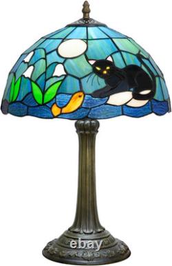 Vintage Tiffany Style Black Cat Blue Stained Glass Table Lamp Desk Decor Light