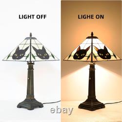 Vintage Tiffany Style Black Cat Stained Glass Table Lamp Bronze Resin Base