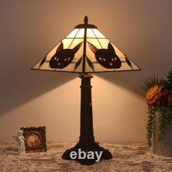 Vintage Tiffany Style Black Cat Stained Glass Table Lamp Bronze Resin Base