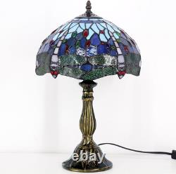 Vintage Tiffany Style Blue Dragonfly Stained Glass Table Lamp Bedside Light