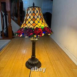 Vintage Tiffany Style Blue Glass Jewels And Roses Stained Glass 26.5 Tall Lamp